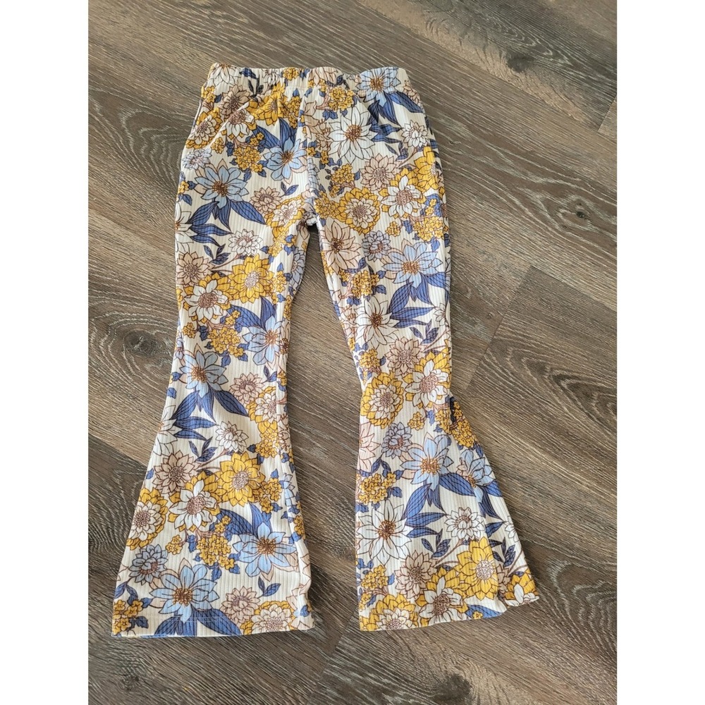 Btween Girls Floral Flare Pants Yellow Blue Ribbed Knit Bell Bottoms Size 6 #8